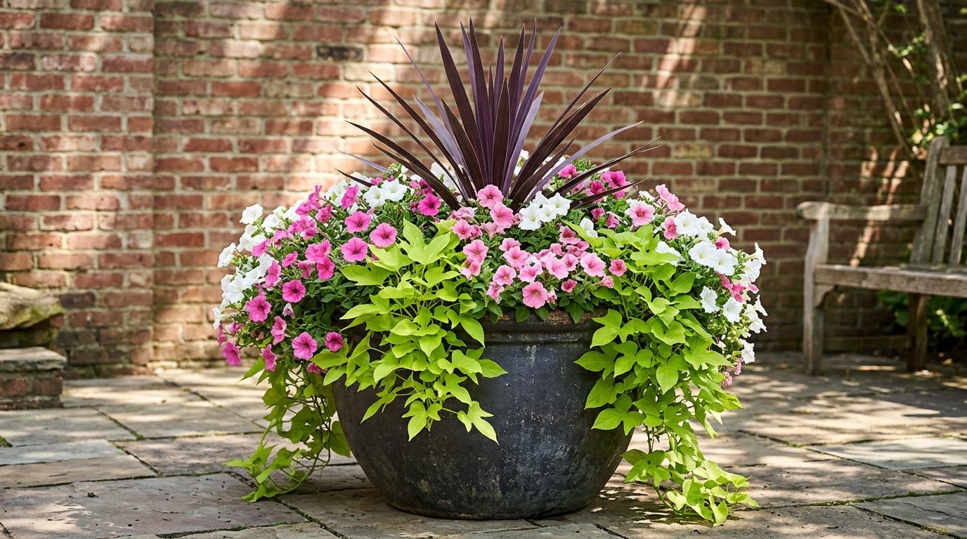 Large planter with cordyline, petunias and trailing sweet potato vine