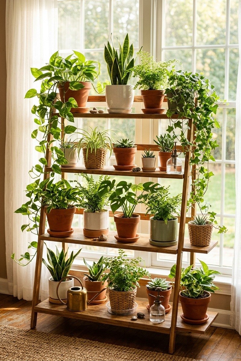 Tiered plant shelf by a window
