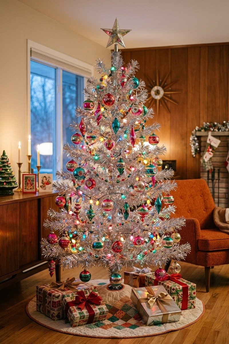 Retro silver tinsel Christmas tree