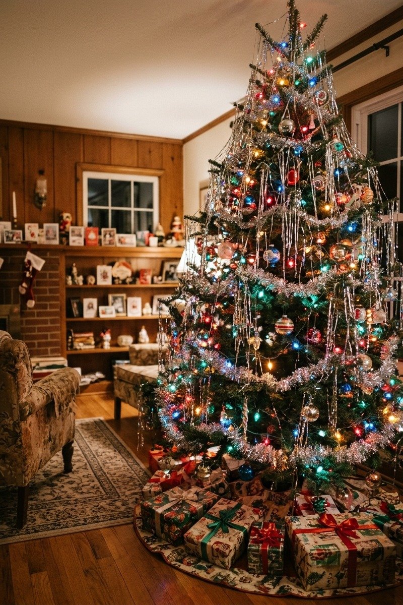 Christmas tree draped with silver tinsel icicles