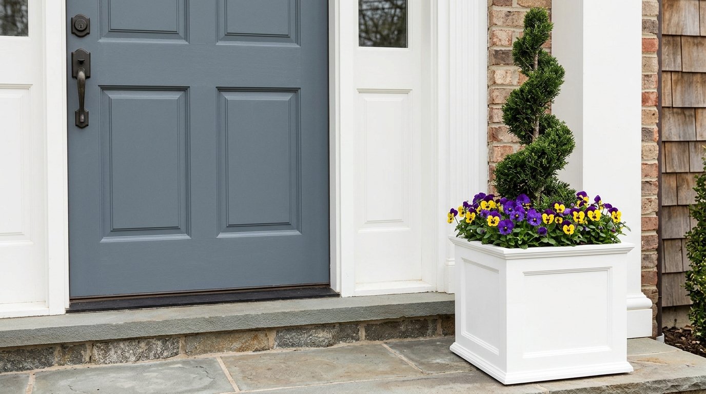 Spiral juniper topiary in a planter with pansies around the base