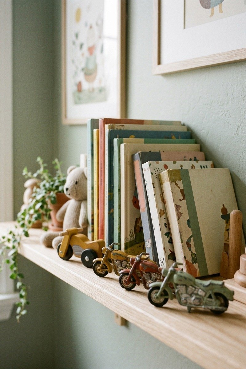Toy motorcycles on a nursery shelf