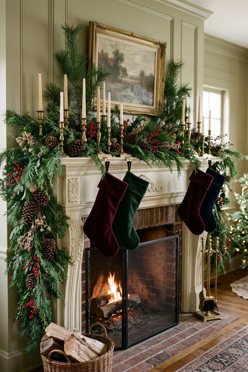 Traditional mantel with lush garland and stockings