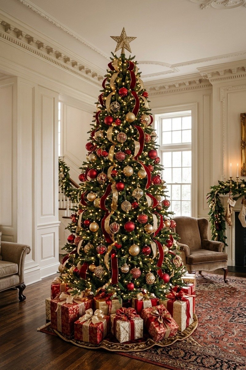 Traditional Christmas tree with red and gold ornaments