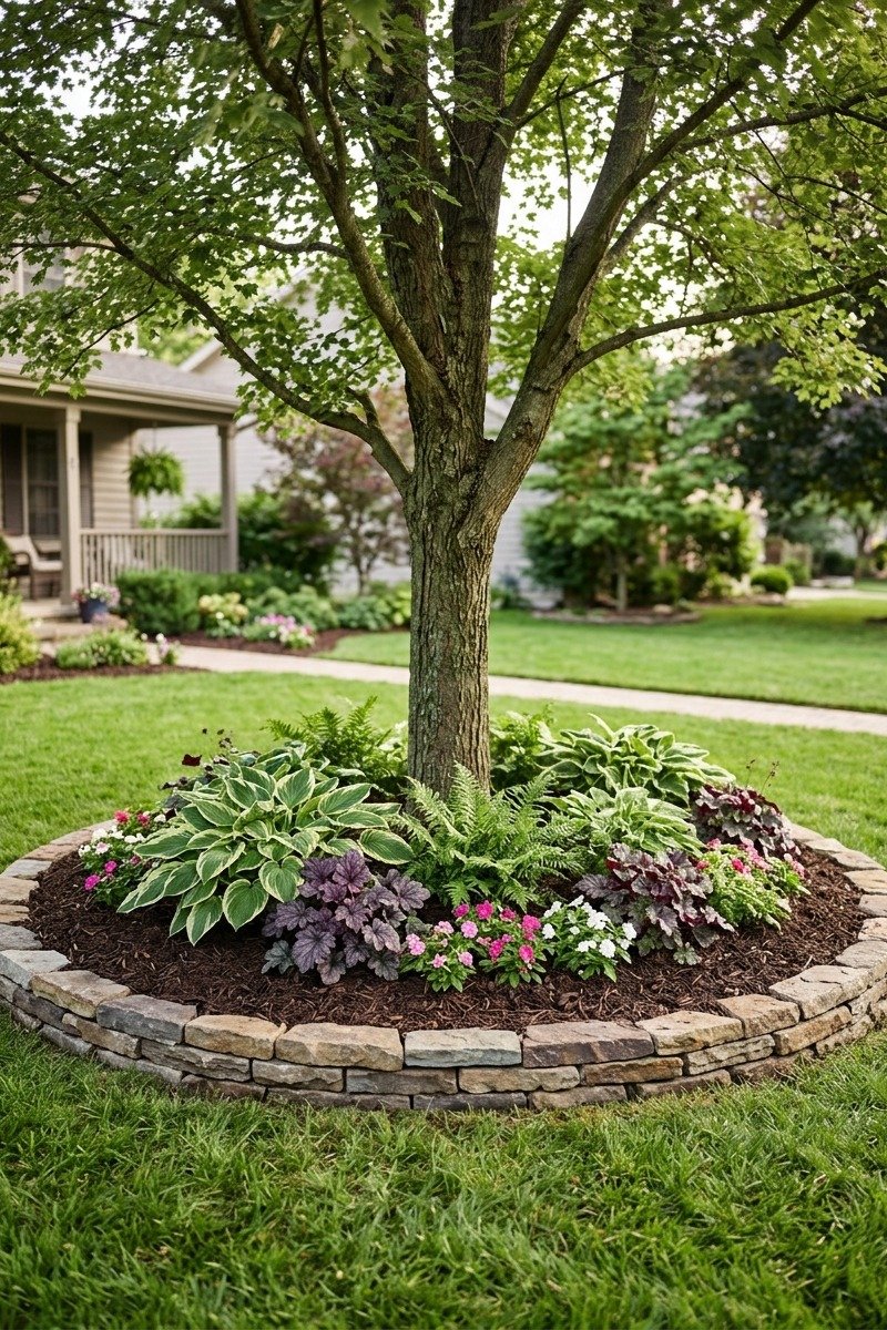 Circular flower bed around a tree