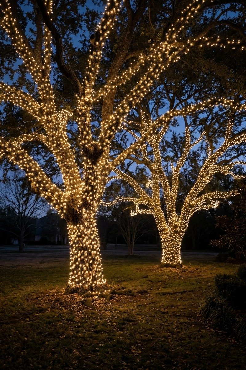 Tree trunks wrapped with Christmas lights