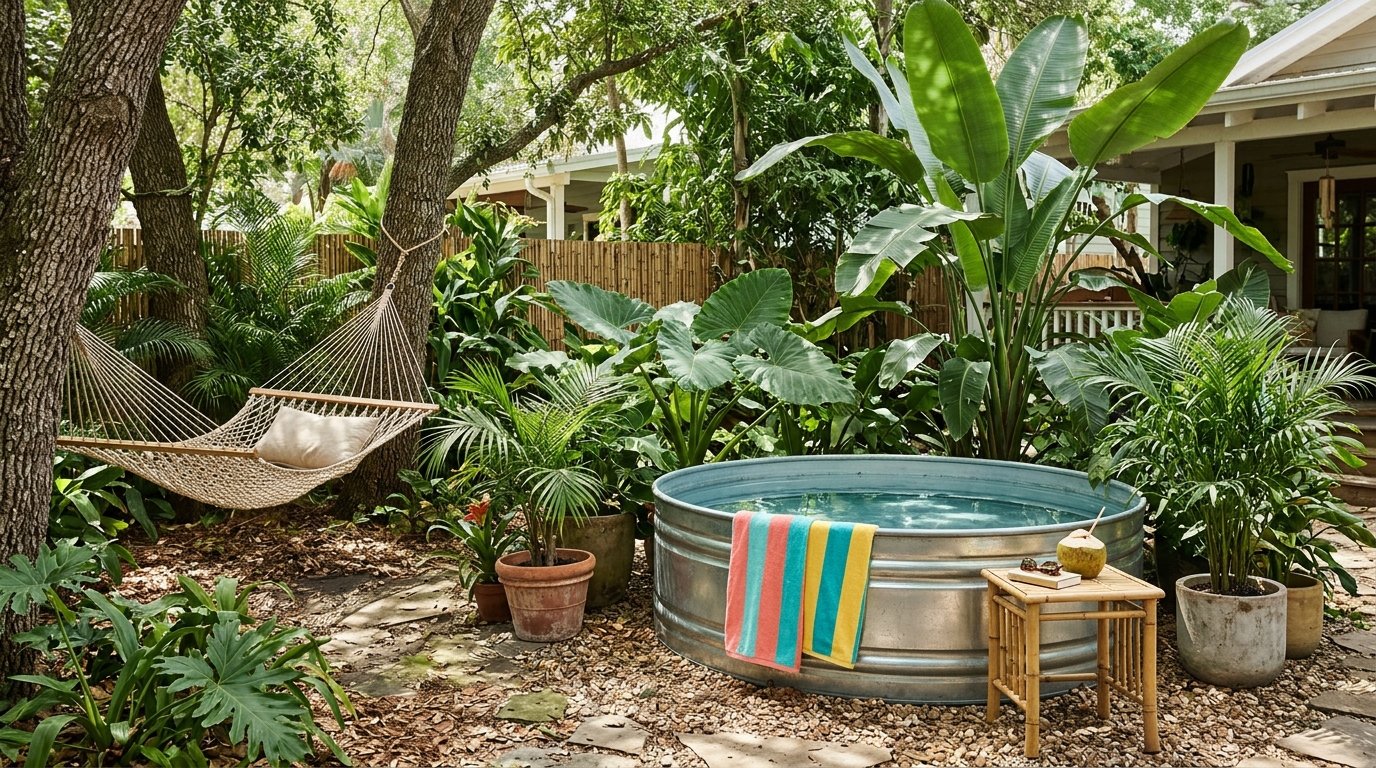Tropical stock tank pool surrounded by palms, banana plants and lush greenery