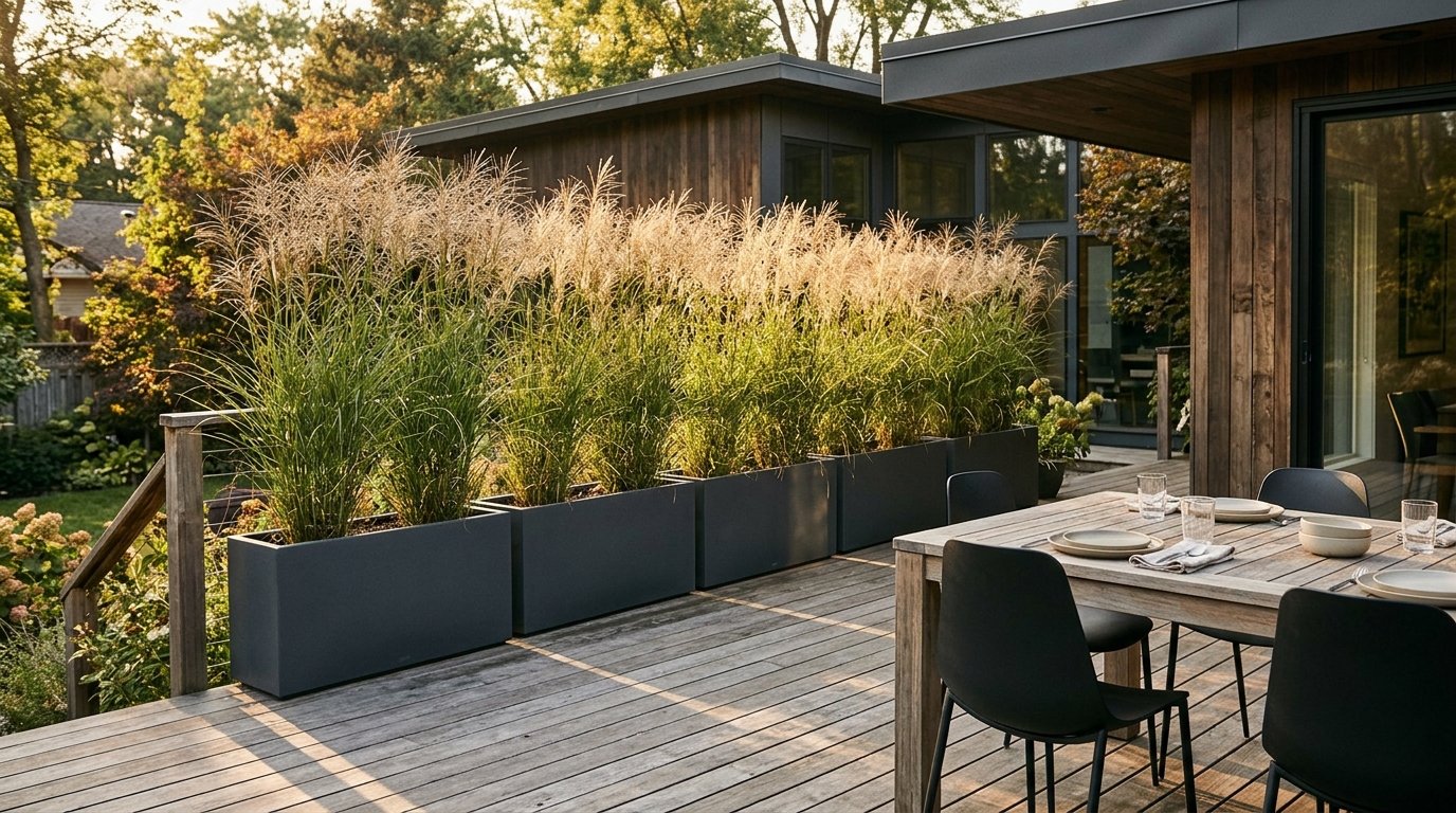Long black trough planters with tall grasses creating a privacy screen on a deck
