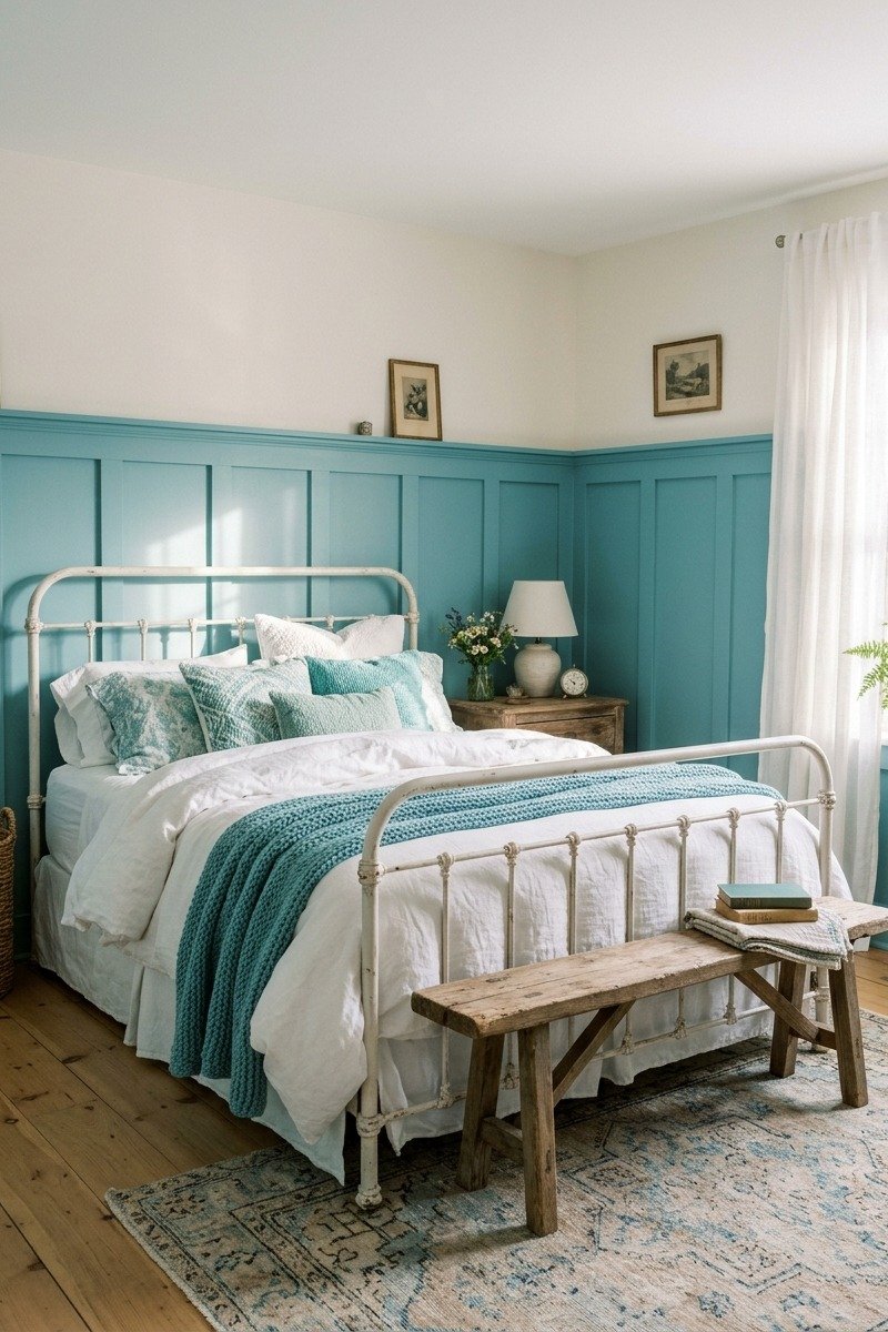 Turquoise board-and-batten paneling with white walls above