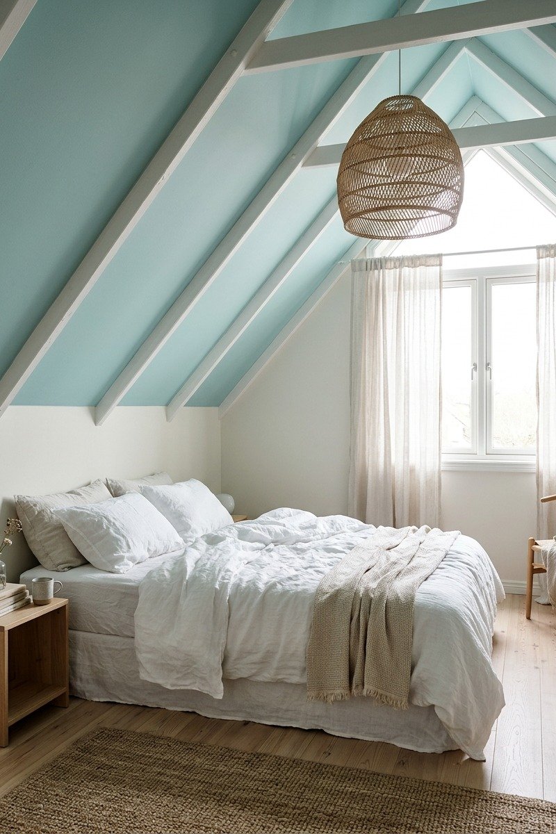 Bedroom with soft turquoise ceiling and white walls