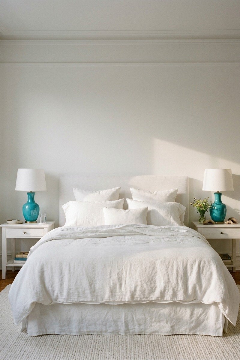 Turquoise ceramic table lamps on white nightstands