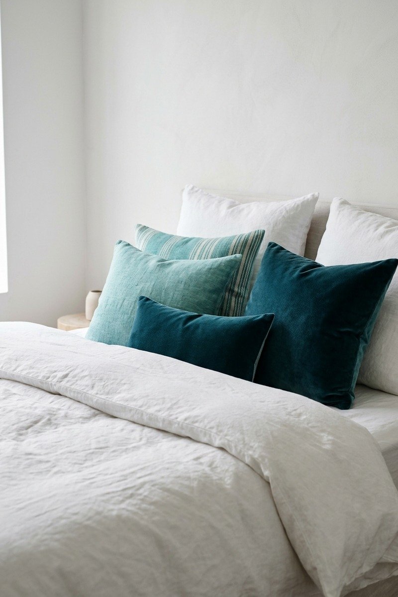Layered turquoise and aqua pillows on a white bed