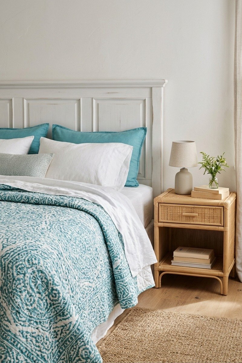 Turquoise and white patterned quilt on a bed