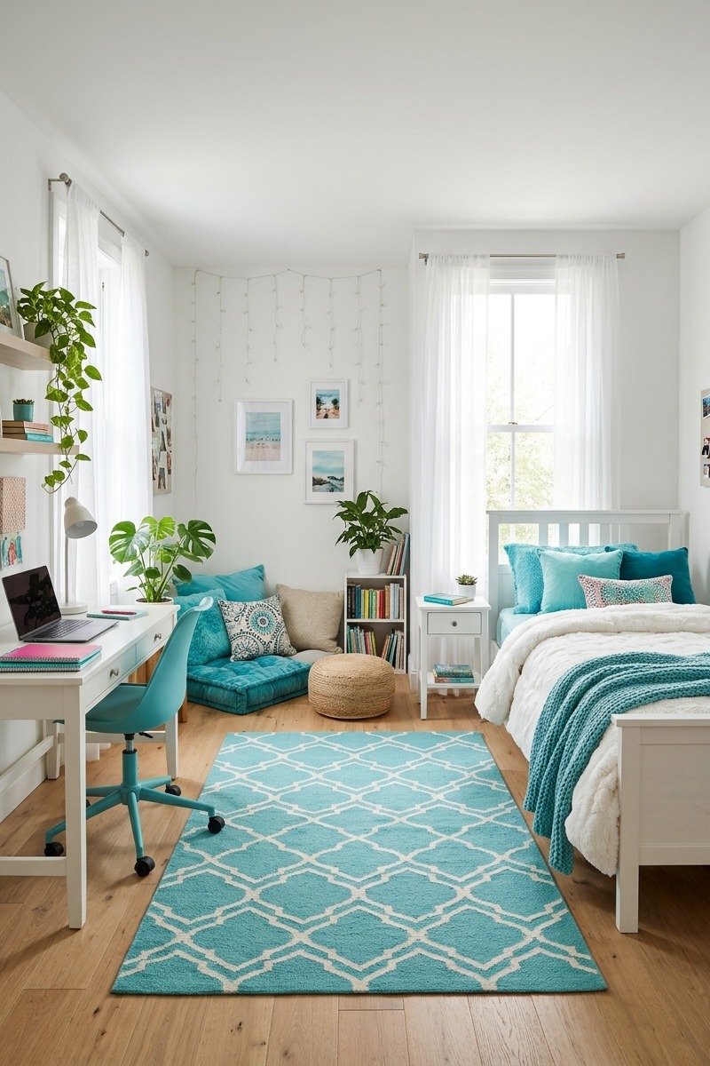 Turquoise and white teen bedroom with patterned rug