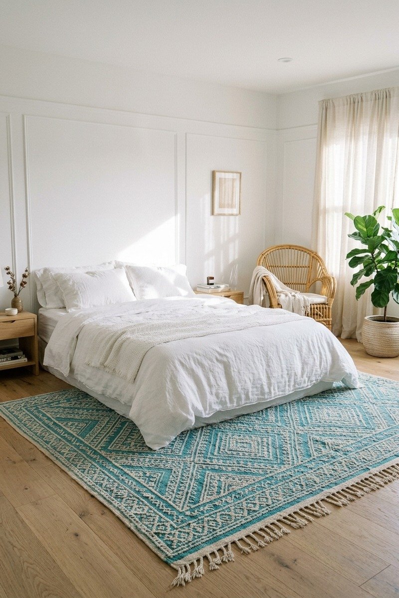 Turquoise and white Moroccan-style area rug under a bed