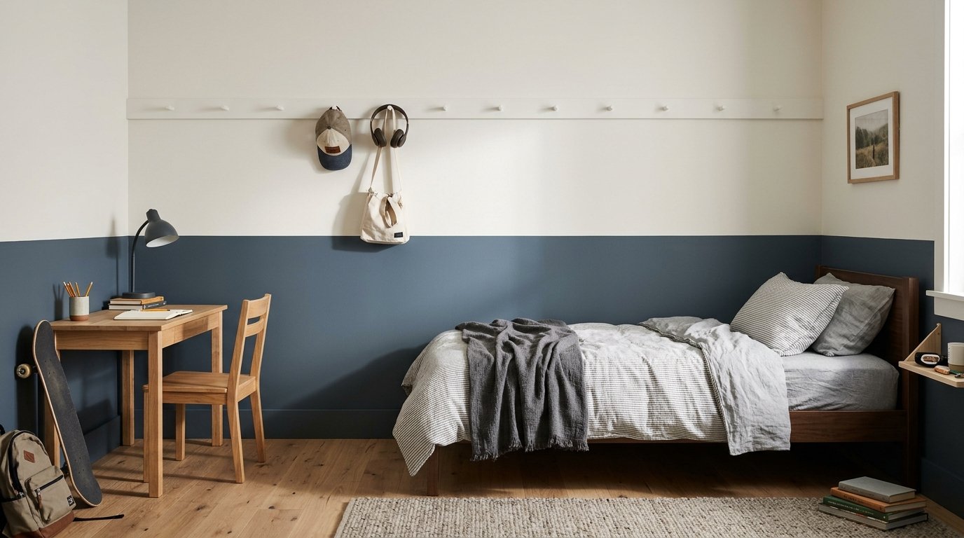 Boys bedroom with two-tone painted wall, dark blue lower half and white upper half