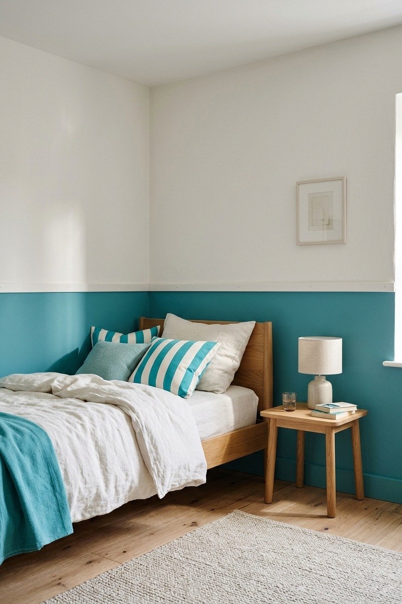 Two-tone wall in turquoise and white in a bedroom