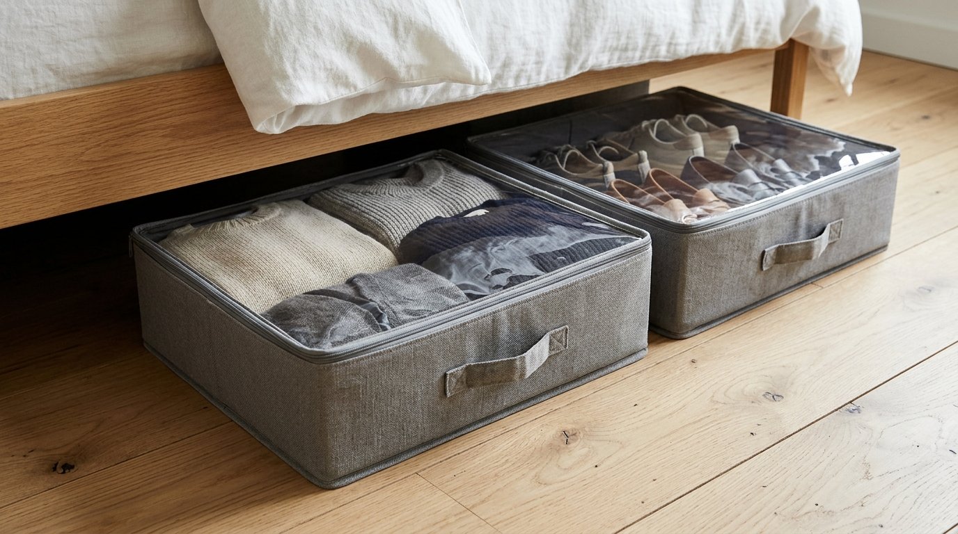 Fabric under-bed storage boxes with handles sliding out from under a bed