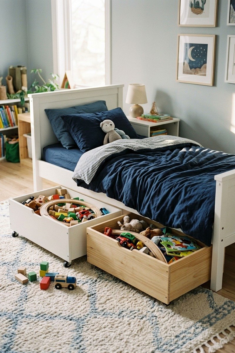 Rolling under-bed storage boxes in a boys bedroom