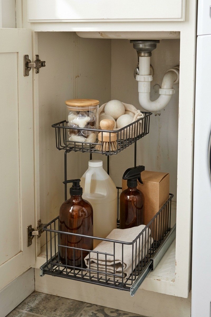 Under-sink organizer for laundry supplies