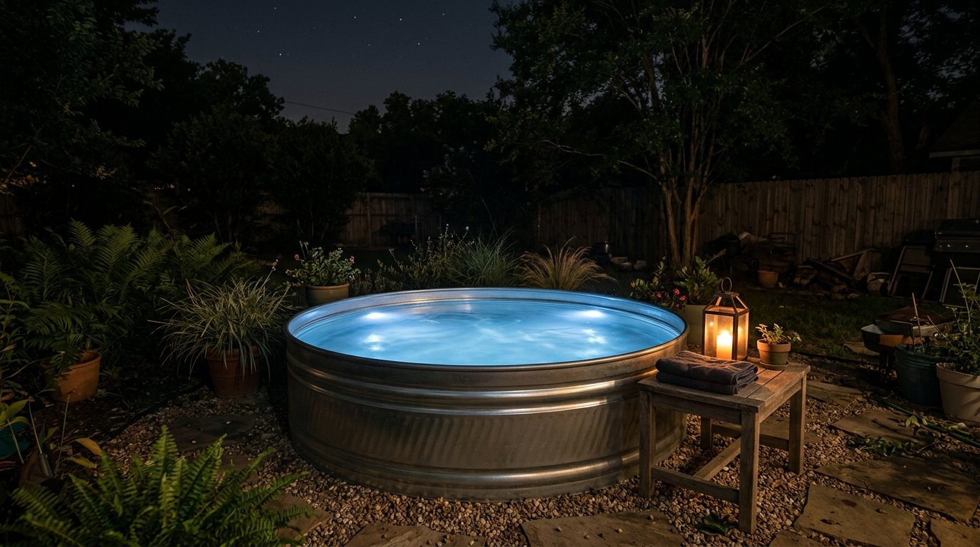 Stock tank pool glowing with underwater LED lights at night