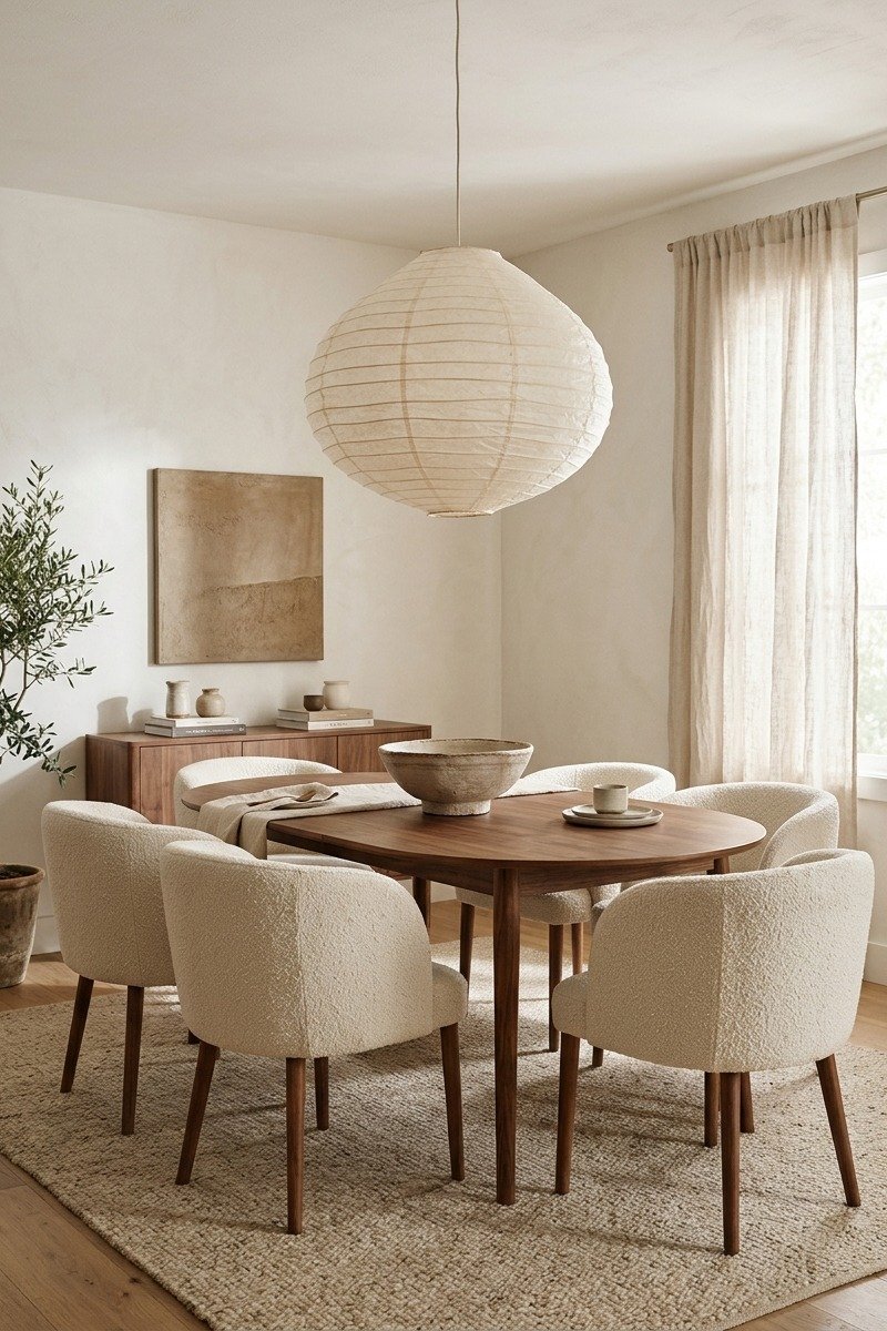 Upholstered velvet dining chairs around a wood table