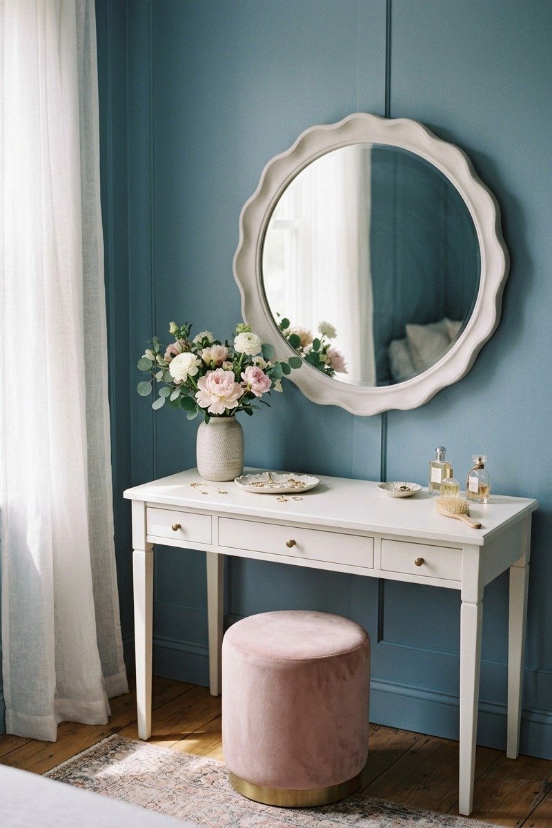 Vanity table with pink stool in a blue bedroom