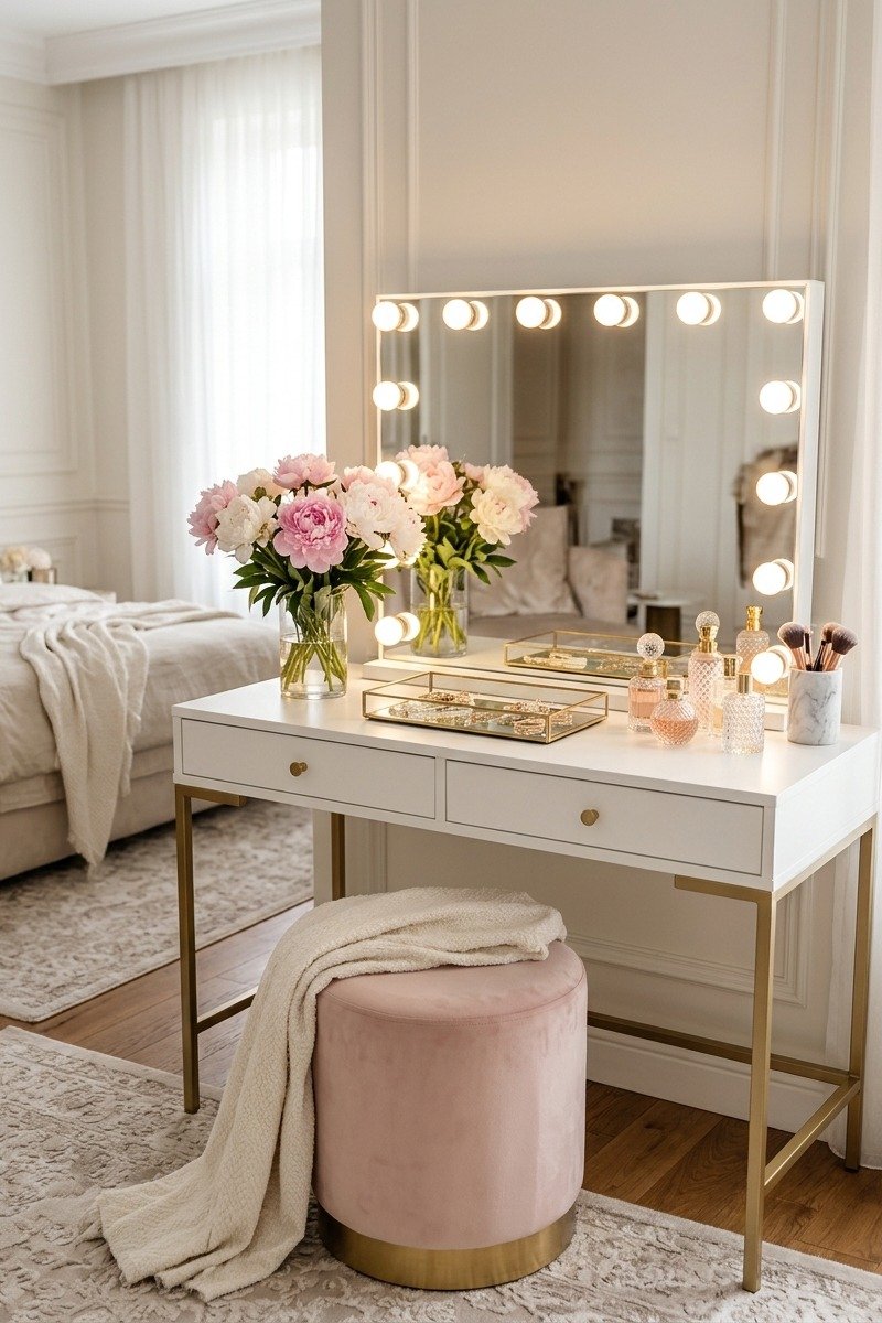 Vanity table with a lighted mirror in a master bedroom dressing area