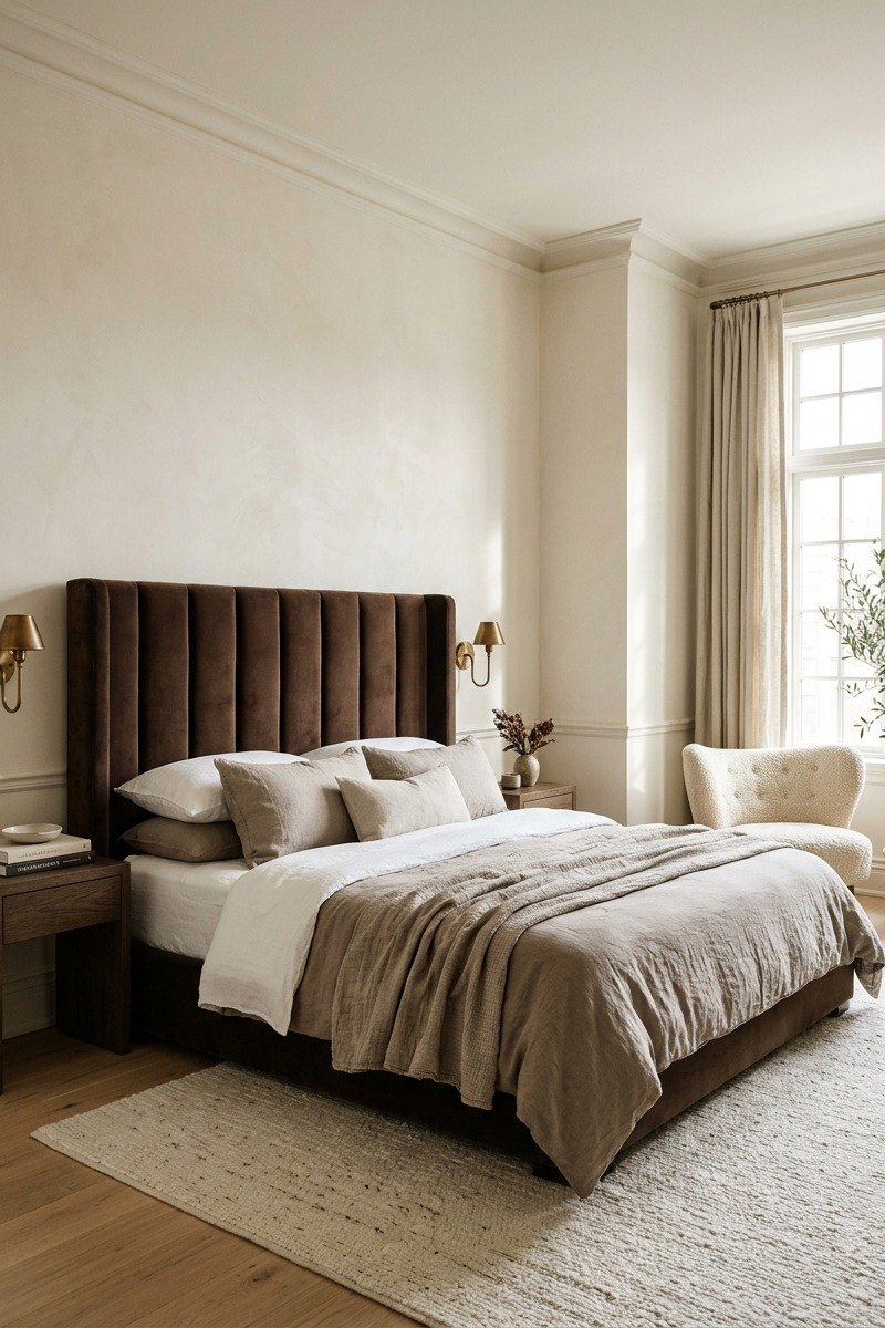 Chocolate brown velvet upholstered bed in a cream bedroom