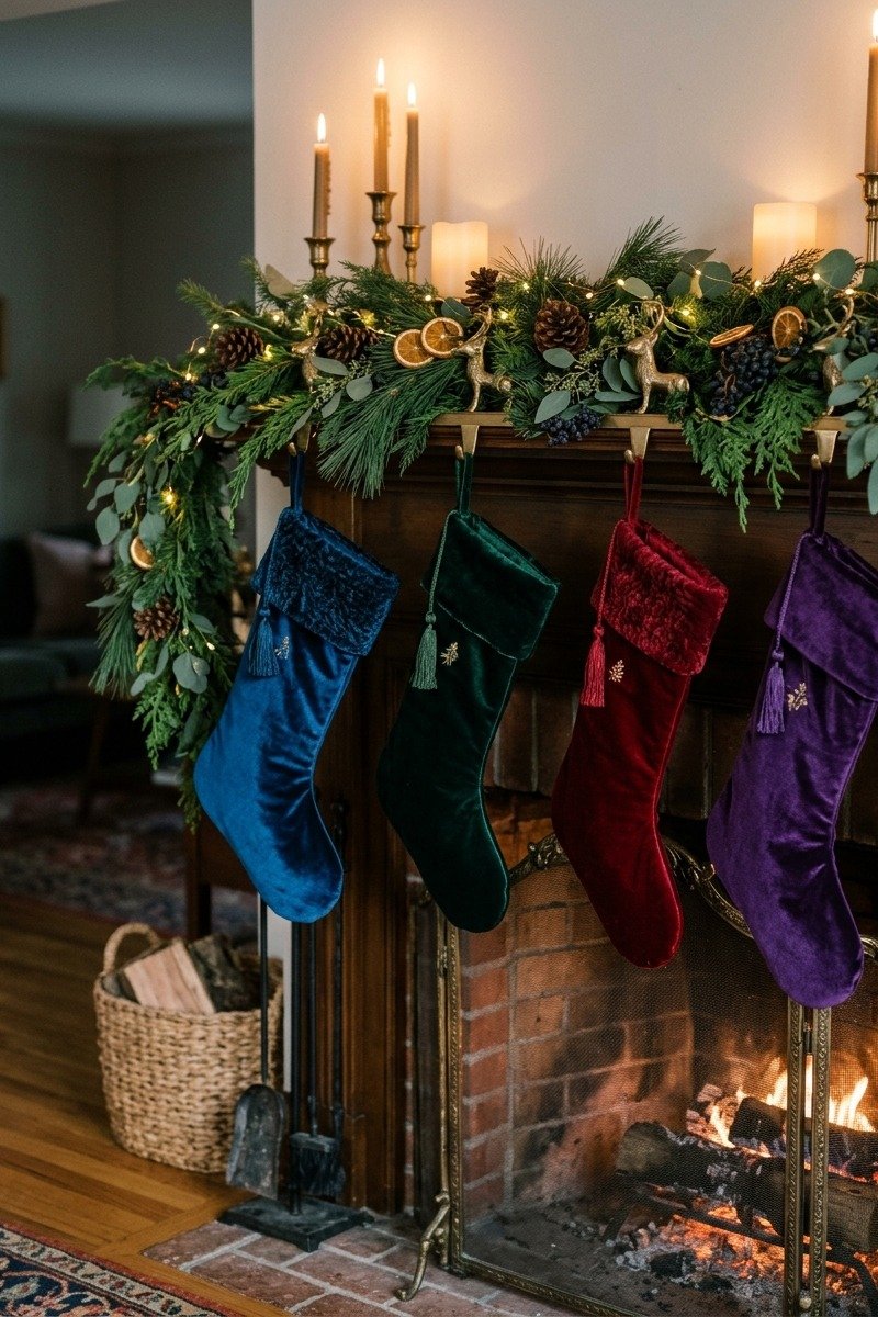 Velvet Christmas stockings on a mantel