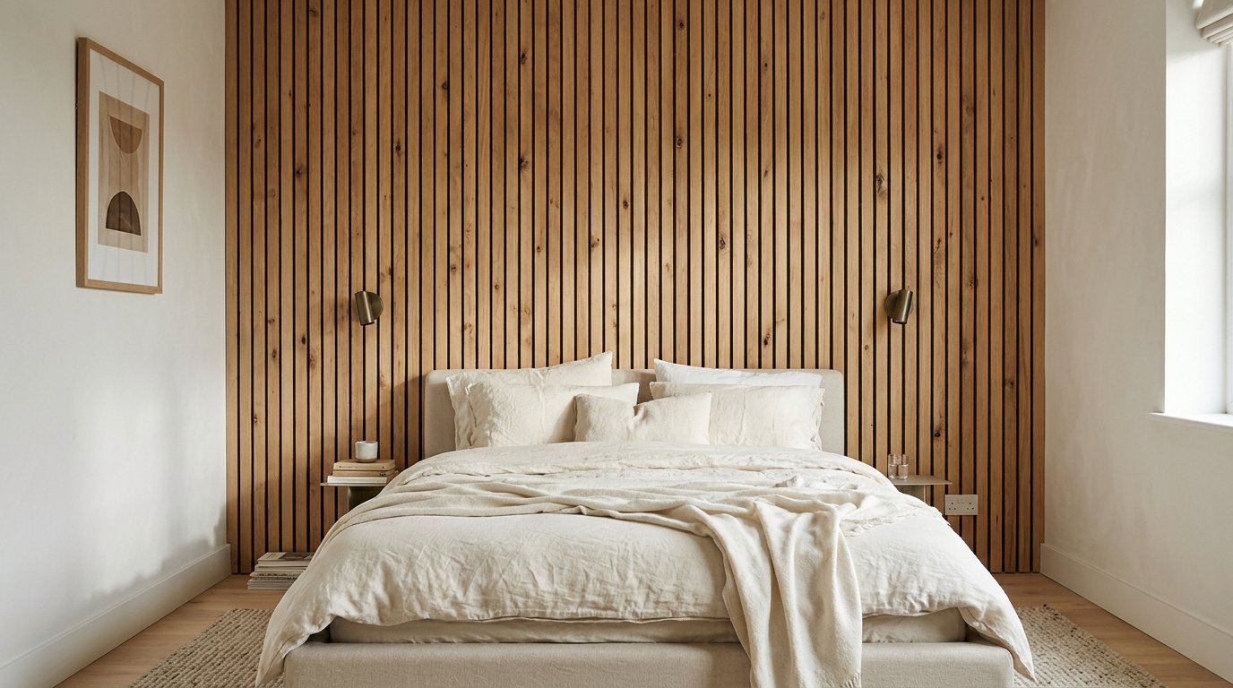 Vertical wood slat panelling behind a bed making a small bedroom feel taller