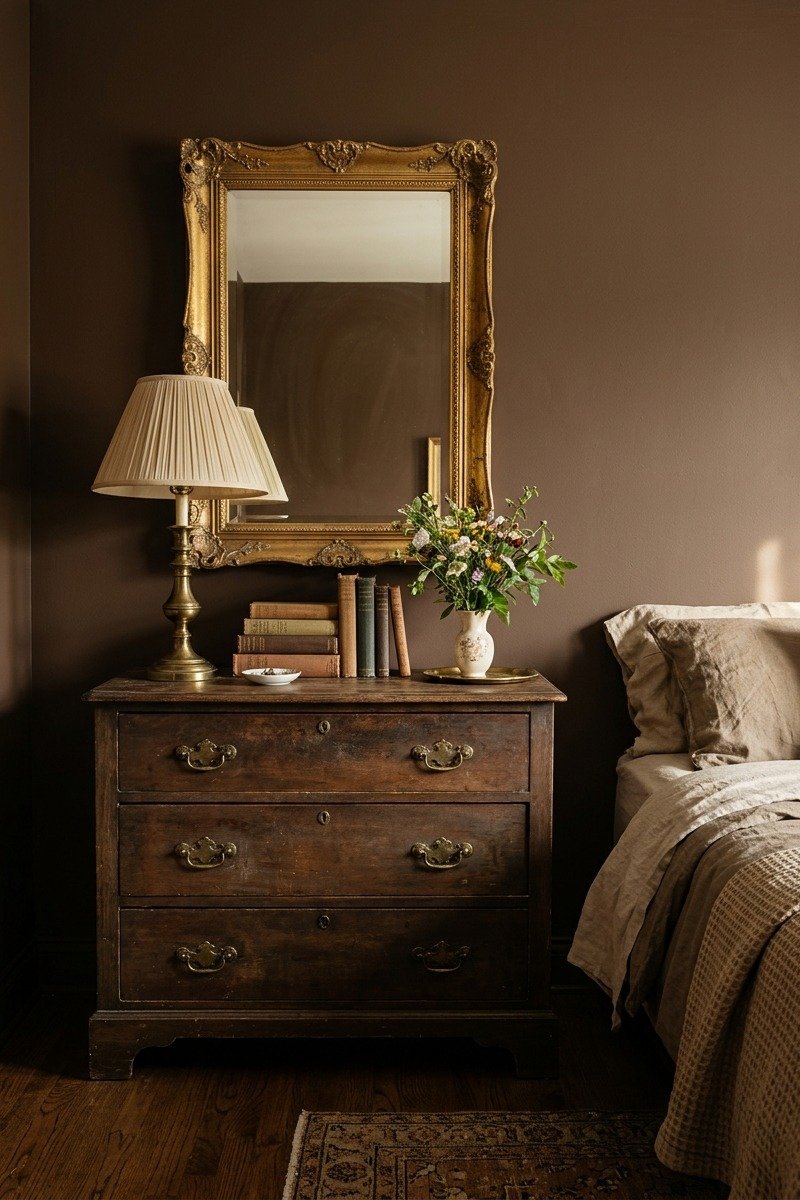 Antique wooden dresser with brass hardware in a brown bedroom