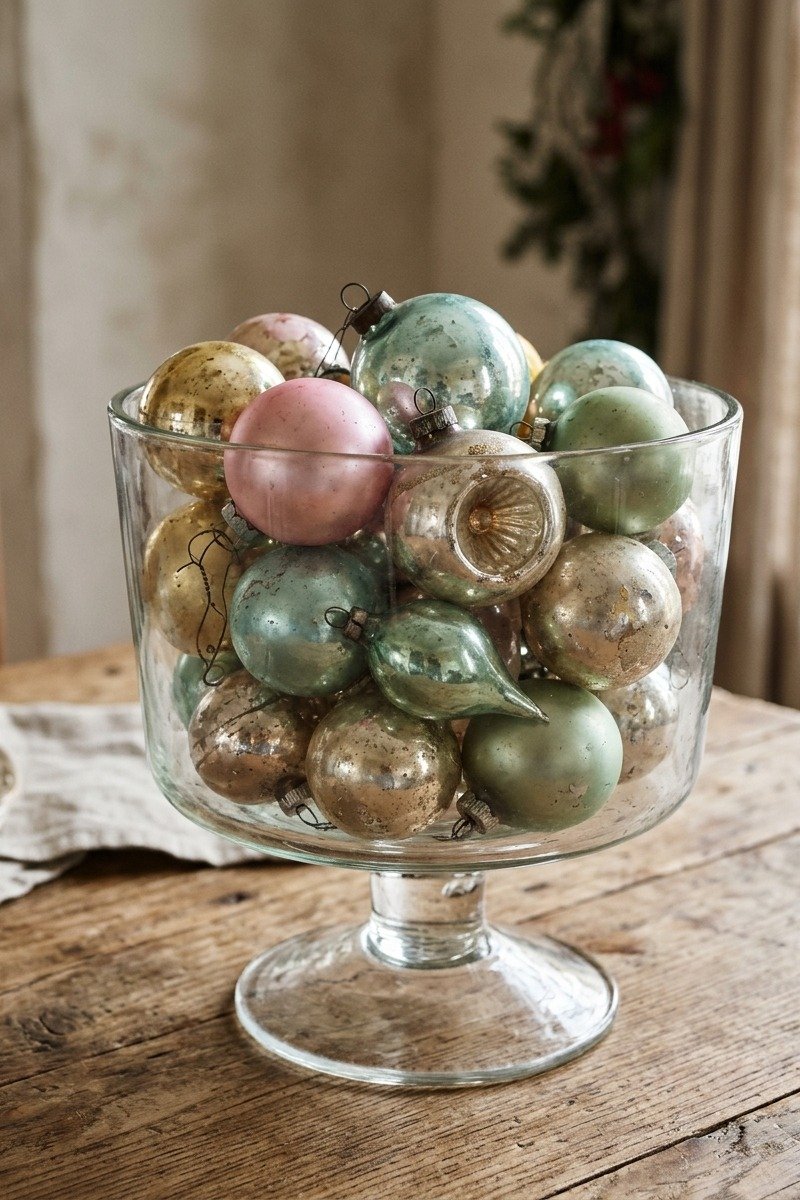 Vintage glass ornaments displayed in a bowl