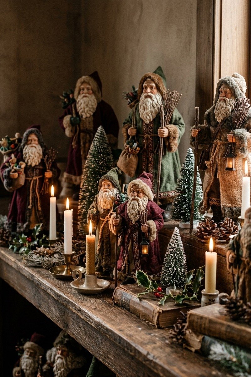 Vintage-style Father Christmas figurines on a shelf