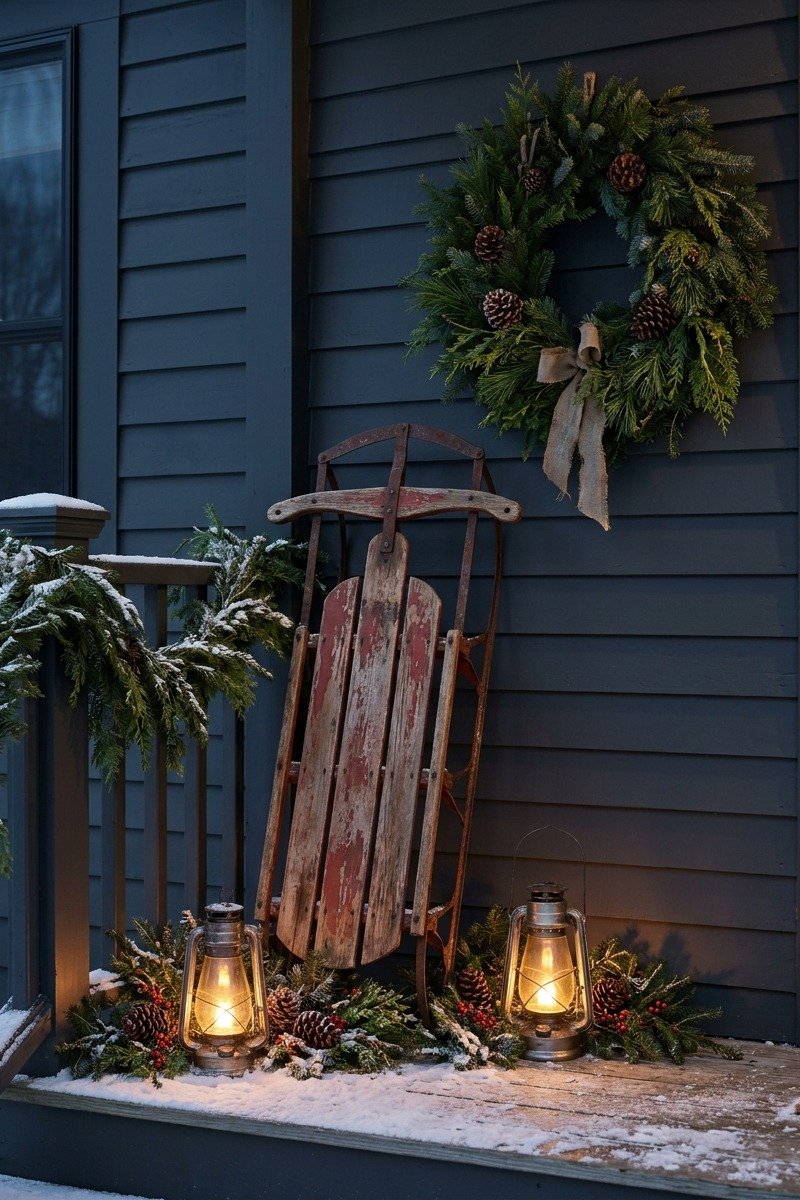 Vintage wooden sled on a porch