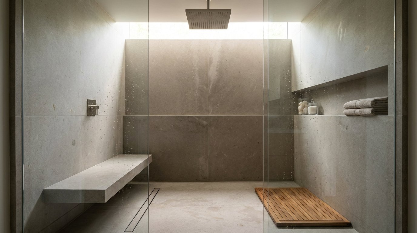 Walk-in rain shower with ceiling rain head, glass enclosure and built-in stone bench