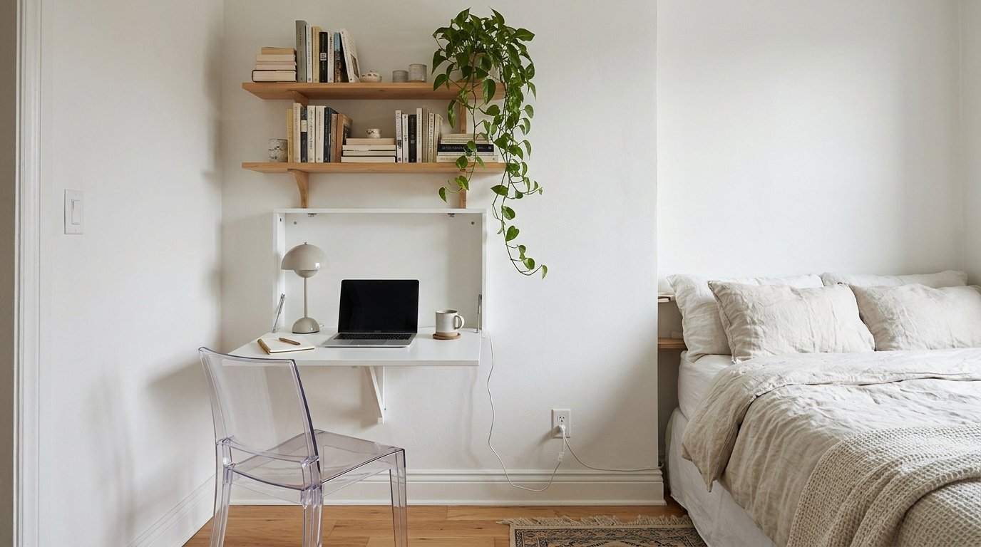 Wall-mounted fold-down desk with laptop in a small bedroom