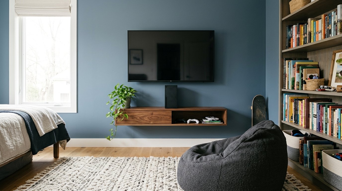 Wall-mounted TV above a floating media shelf in an older boys bedroom