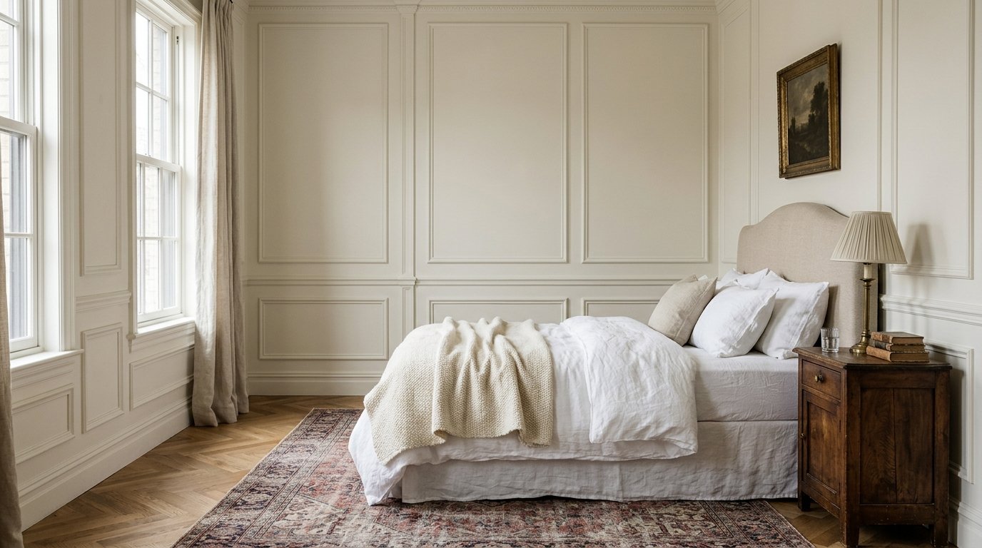 Old money bedroom with painted picture-frame wall panelling and classic upholstered bed