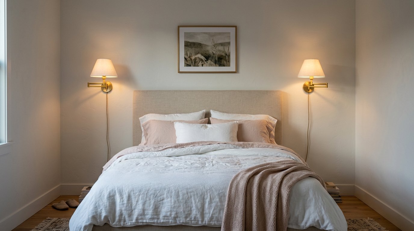 Plug-in wall sconces above a bed in a small bedroom