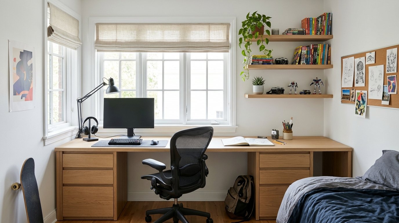 Wall-to-wall built-in desk with floating shelves in a small teen boys bedroom