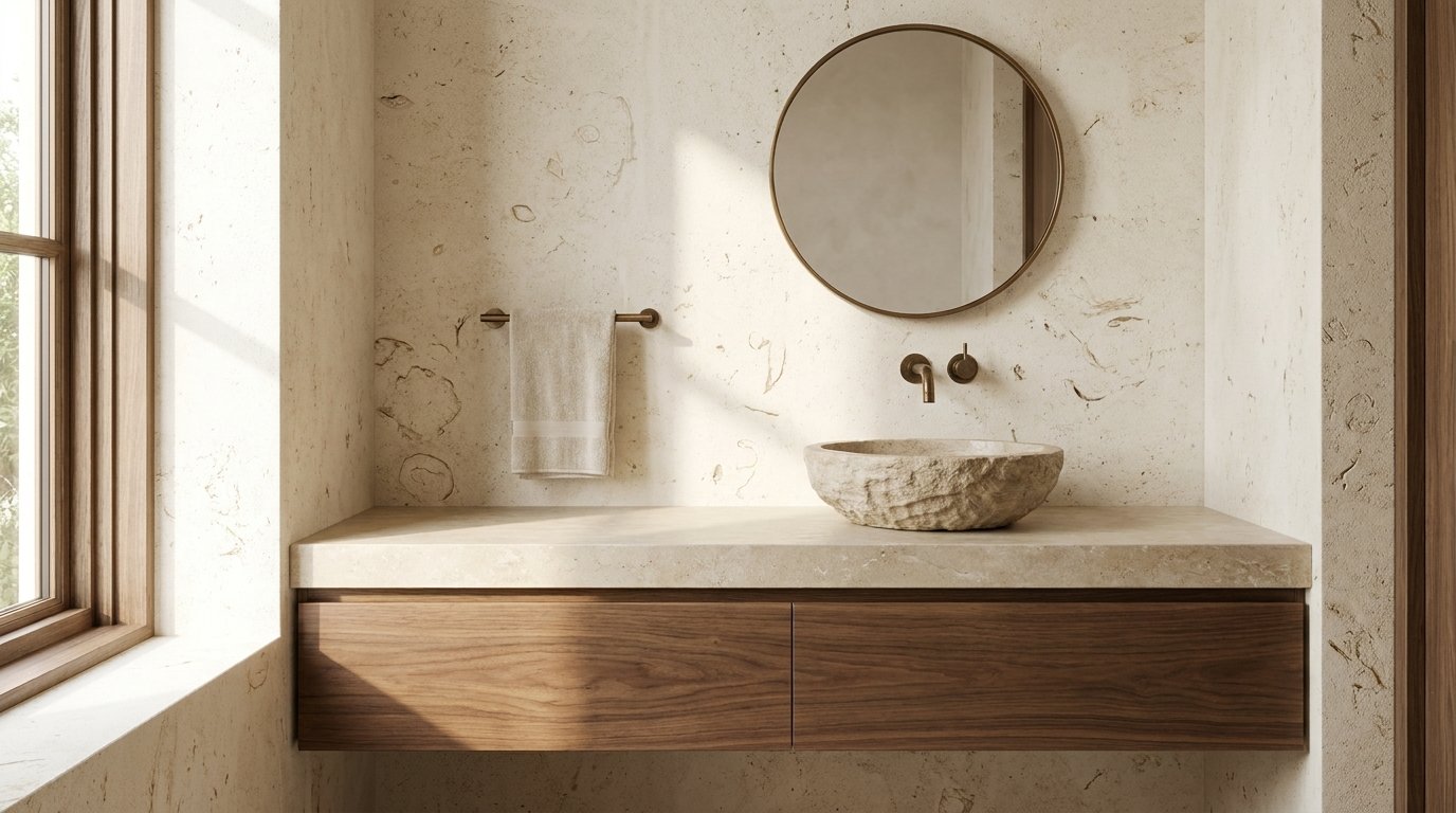 Luxury bathroom pairing a walnut floating vanity with honed limestone walls and vessel basin