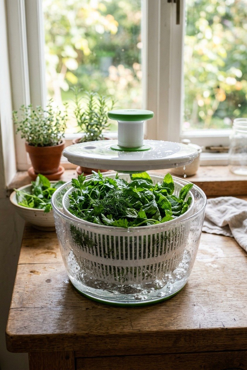Fresh herbs in a salad spinner