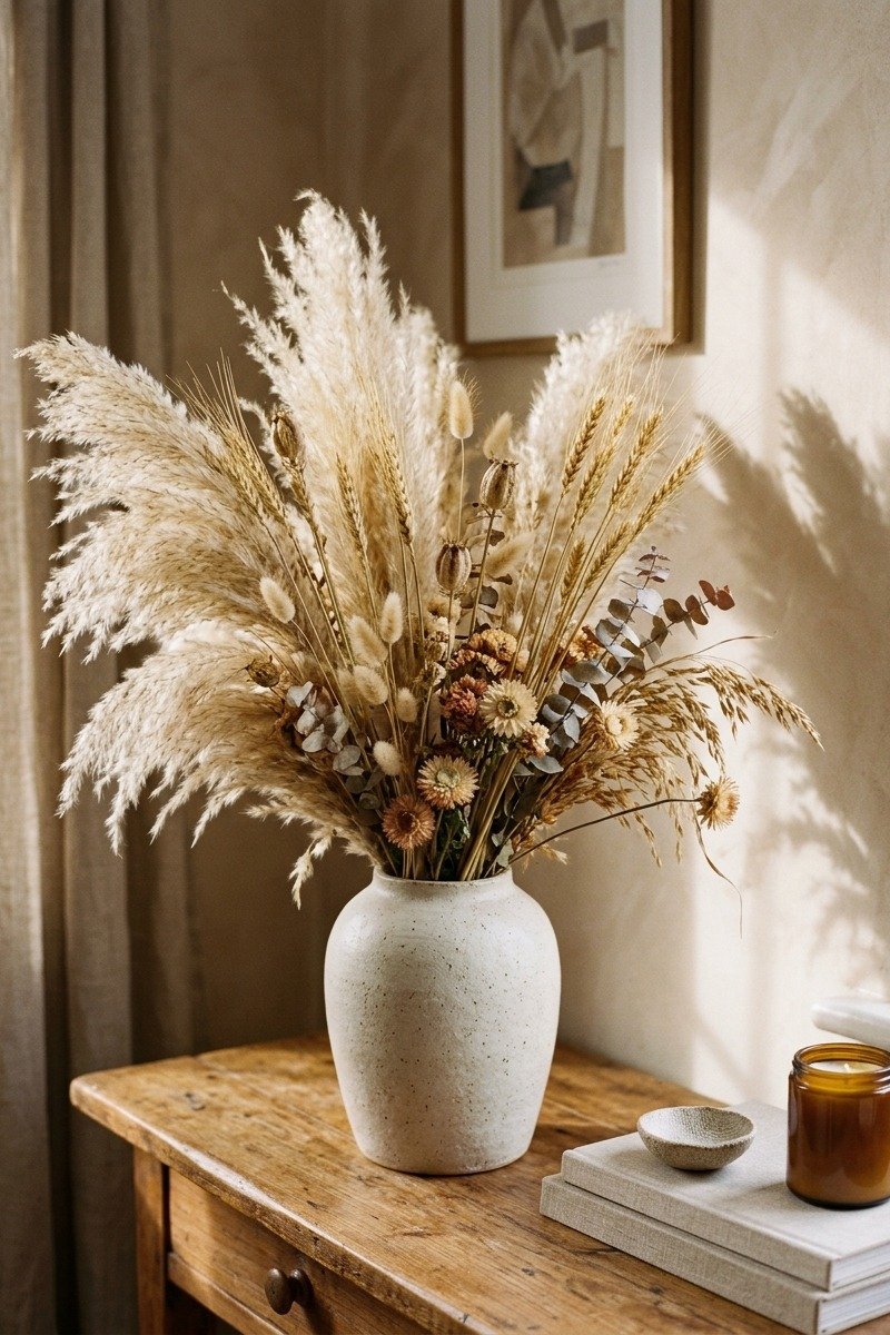 Dried wheat and flower arrangement in a vase