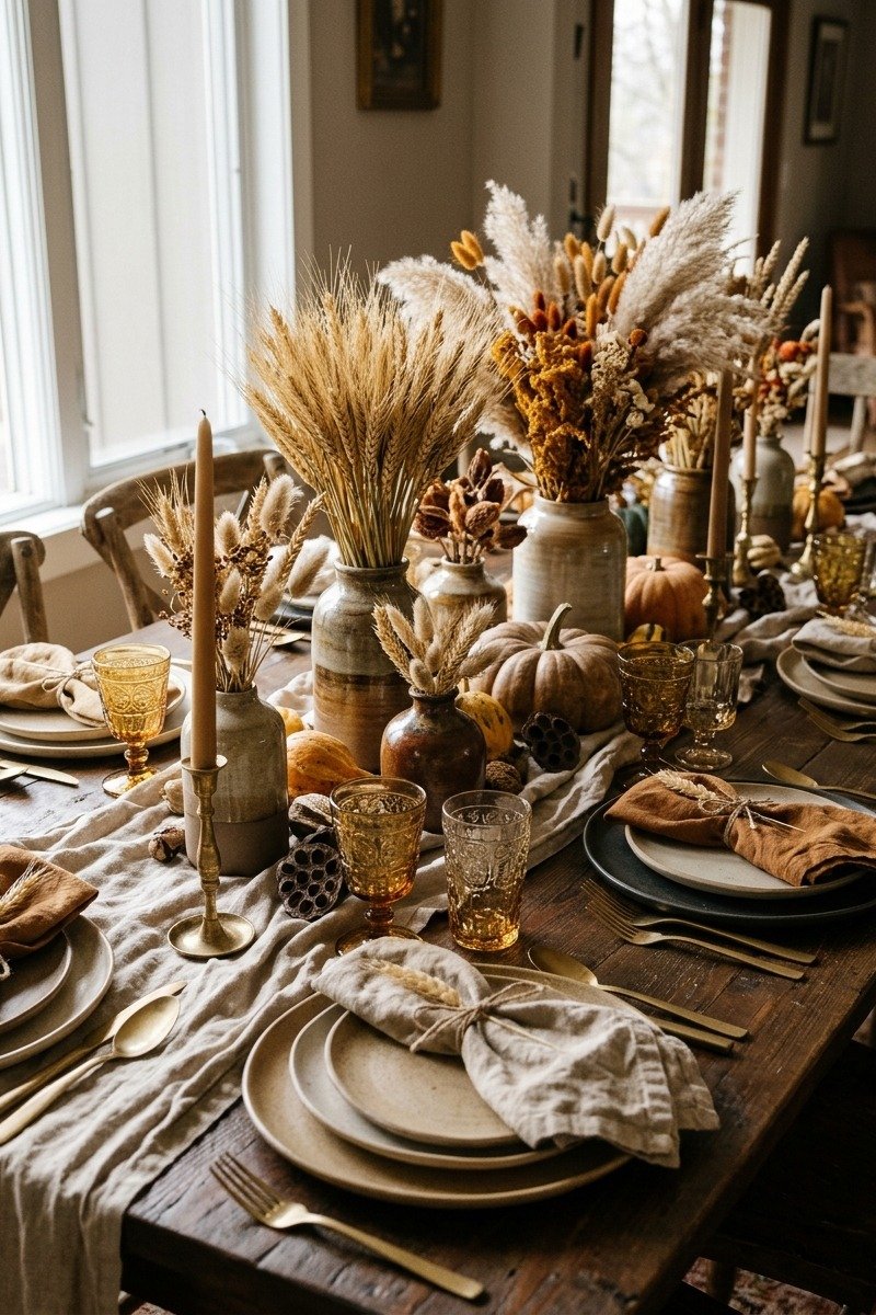 Thanksgiving table with dried wheat and flowers