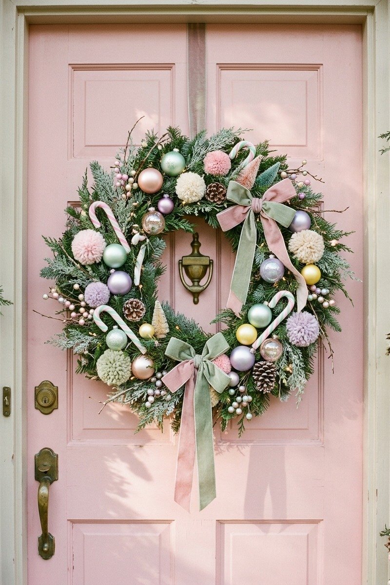 Colorful whimsical Christmas wreath on a door