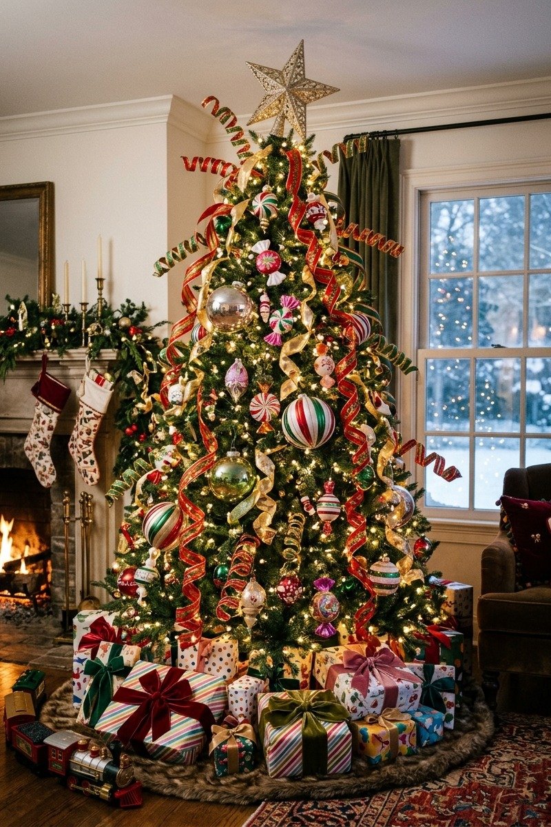 Whimsical tree with curly ribbons and oversized ornaments