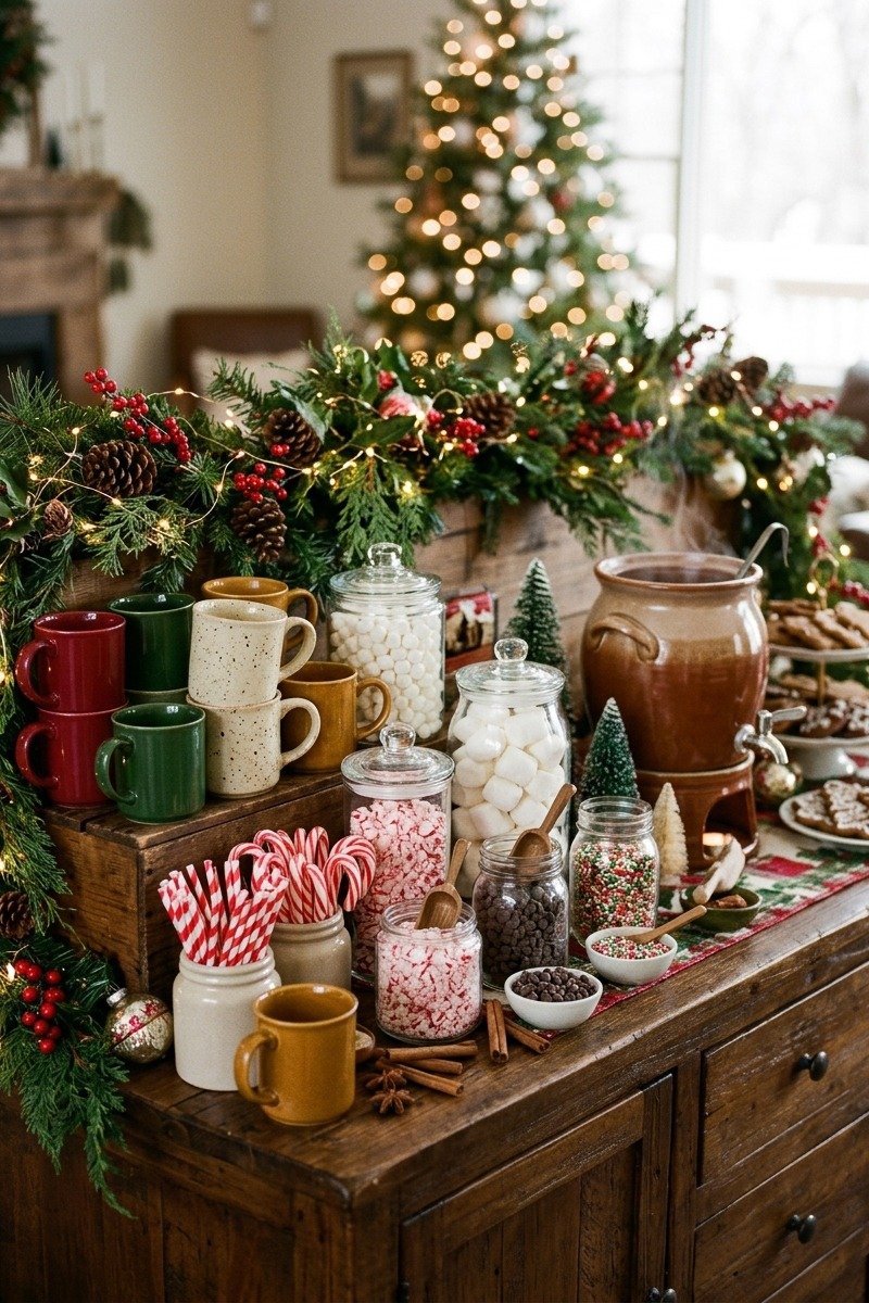 Whimsical hot cocoa bar with marshmallows