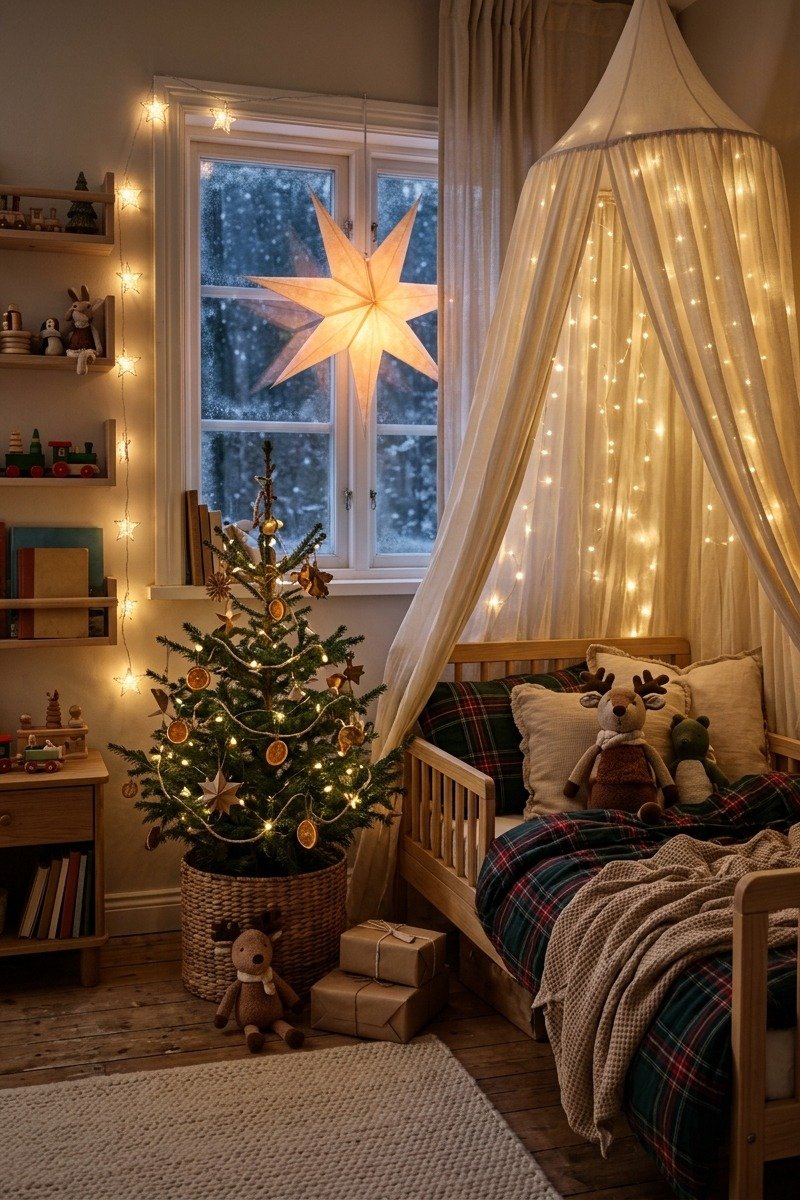 Kids bedroom with whimsical Christmas decor