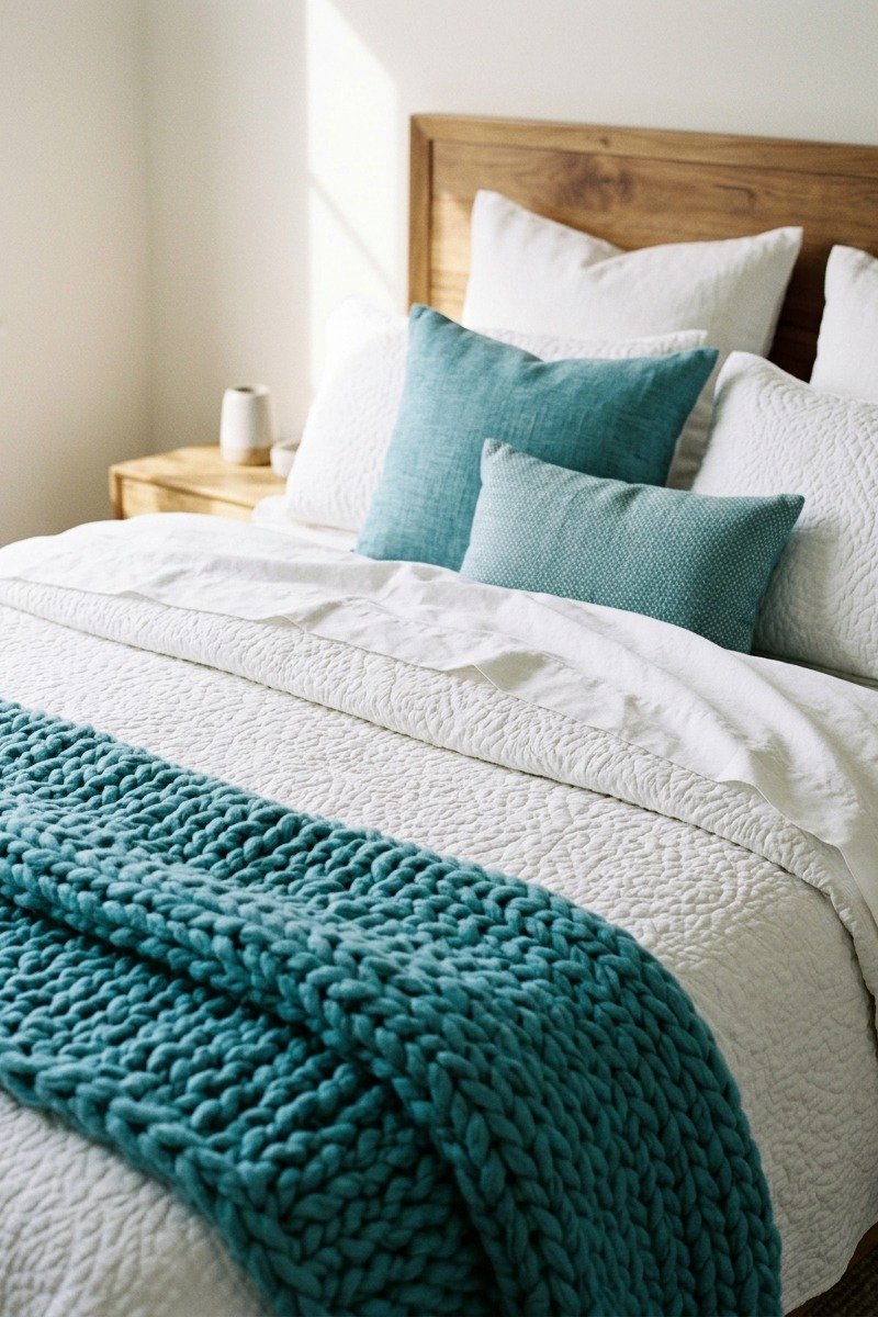 Crisp white bedding with a turquoise knit throw
